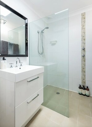 Shower, hair dryer, towels, soap