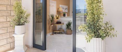 Une entrée moderne avec une porte en verre, des plantes en pot et une petite table agrémentée d’objets décoratifs.