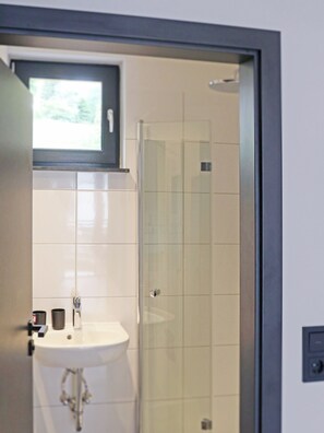 A bathroom with a white sink, a mirror, and a glass shower enclosure. - Bergbutze 2 - Traumblick, Sportlich, Ruhig, Super Zentral! (Braunlage)