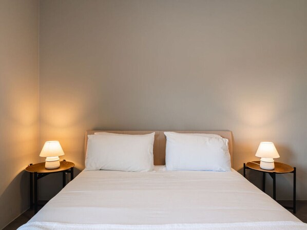 A bed with two pillows, two bedside tables with lamps, and a plain wall.
