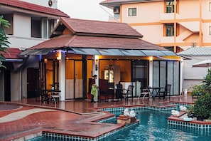 Outdoor pool, pool umbrellas, pool loungers