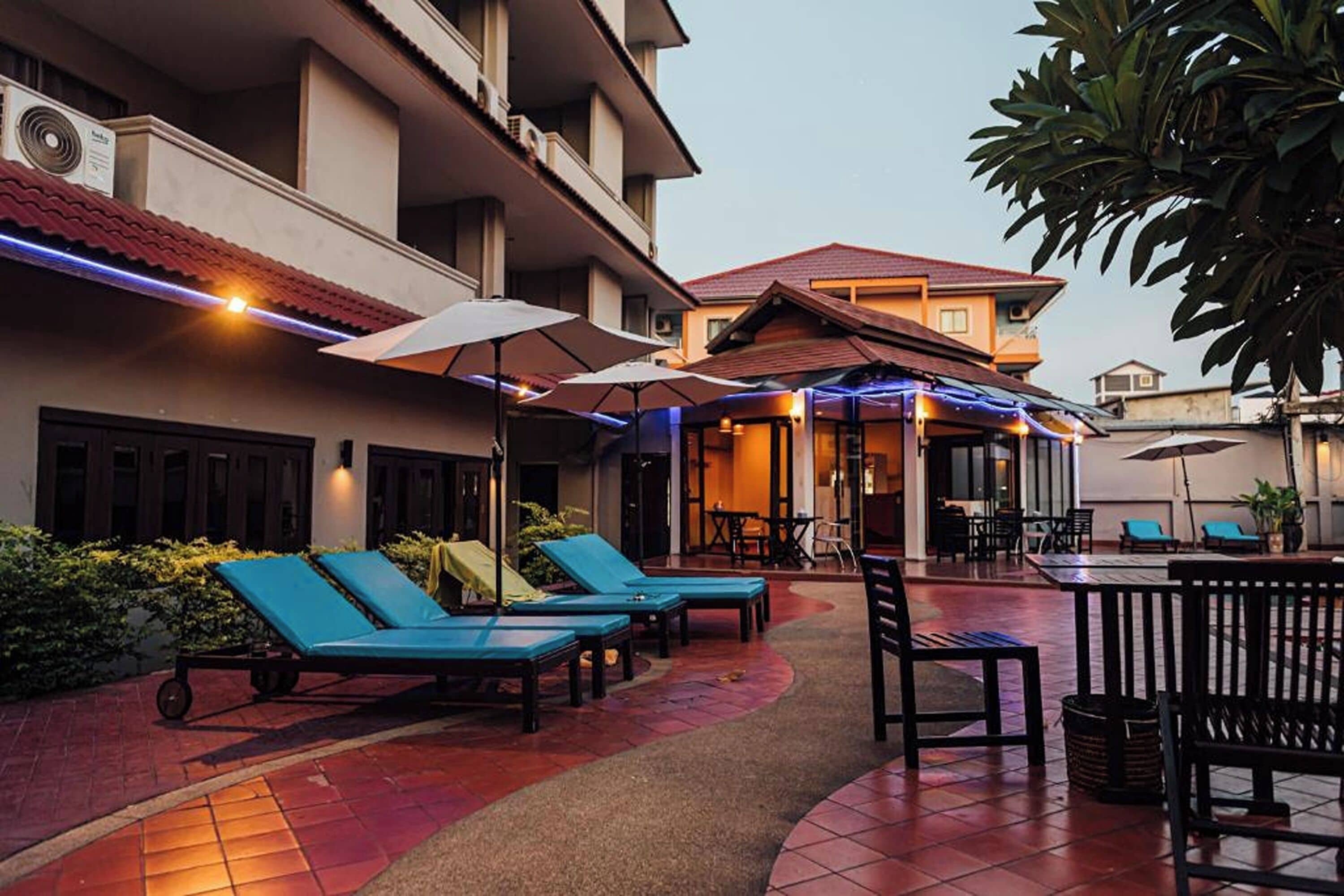 Outdoor pool, pool umbrellas, pool loungers