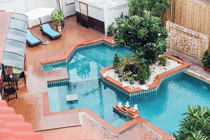 Outdoor pool, pool umbrellas, pool loungers