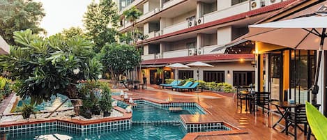 Outdoor pool, pool umbrellas, pool loungers