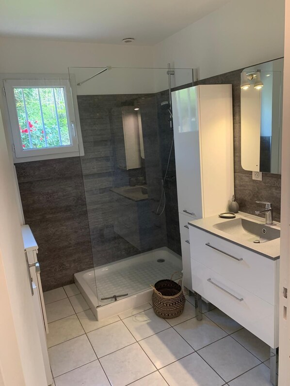 Shower, towels, soap, toilet paper