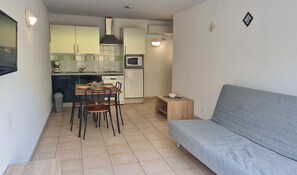 A compact living space with a kitchenette, dining area, and a grey sofa.