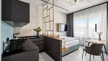 2 bedrooms, premium bedding, laptop workspace, soundproofing