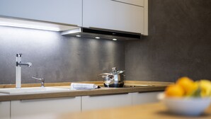 A modern kitchen with a stainless steel sink, a range hood, and a bowl of fruit on the counter. - CHASA TULAI F83: BEAUTIFULLY RENOVATED STUDIO IN HOLIDAY PARK TULAI F83 (Scuol)