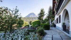 Un jardin avec des cactus et des fleurs, un sentier et une montagne en arrière-plan.