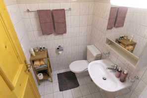 A bathroom with a toilet, sink, and a shelf with toiletries. There is a towel rack with towels, a wooden shelf with towels, and a small shelf with toiletries. - Chasa Grusaida: Charming, cosy 2-room flat with balcony near the golf course (Vulpera)