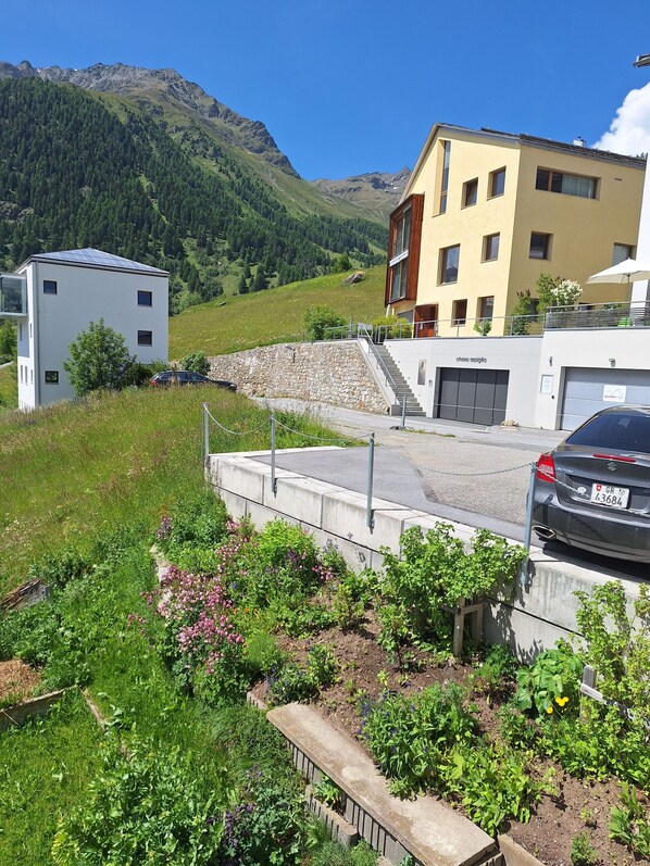 Un bâtiment moderne avec un escalier en pierre, une voiture garée devant et un jardin agrémenté de différentes plantes.