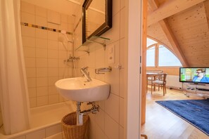 Douche, séchoir à cheveux, serviettes fournies