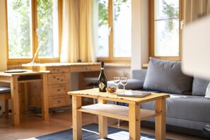Living area - Chasa Val 735C: Quiet, cozy 3 ½-room apartment with fireplace and panoramic views of the national park (Scuol)
