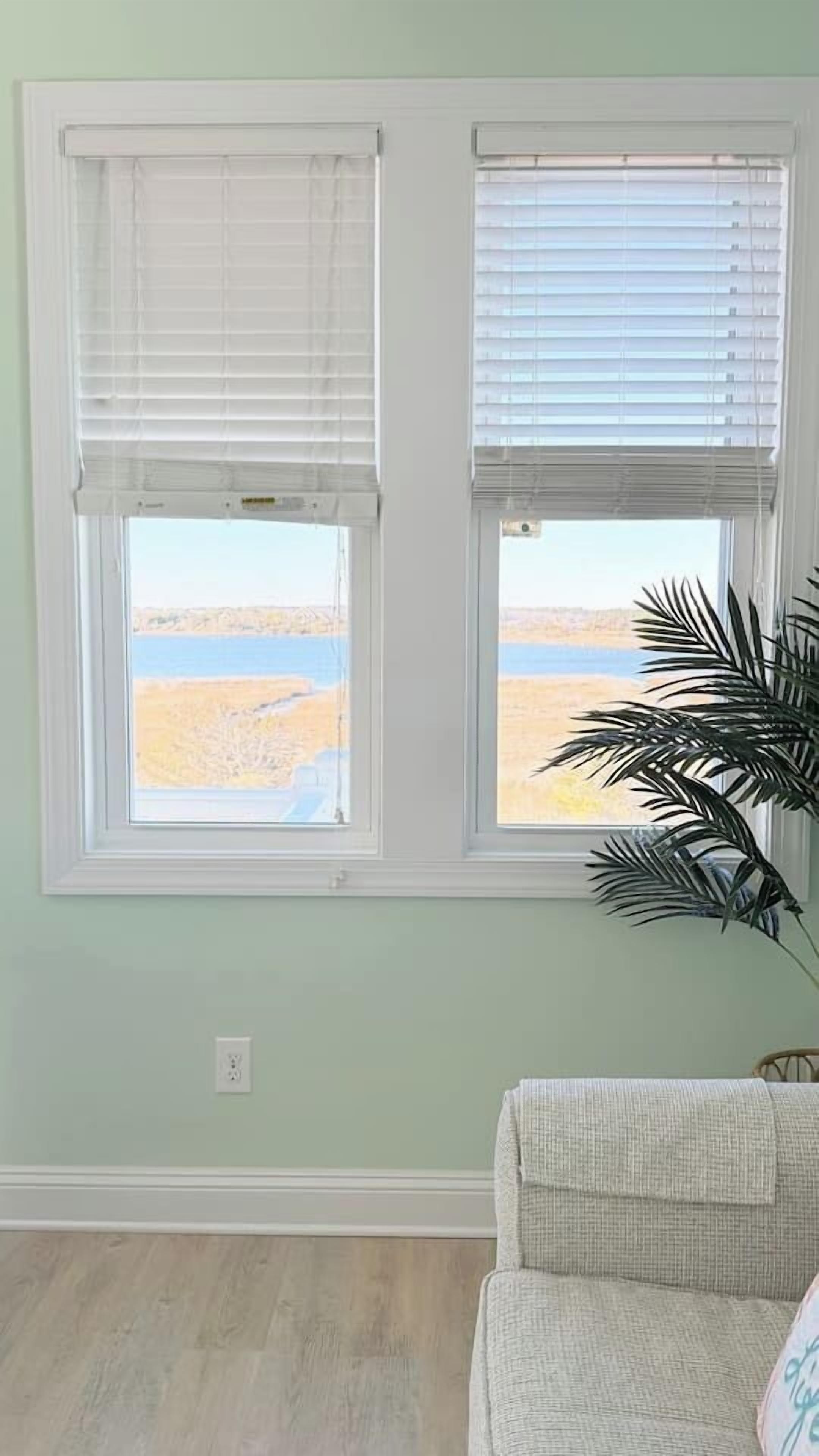 A room with two windows, a view of a beach, and a plant.