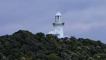 A white lighthouse on a hill with dense green foliage.