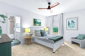 Une chambre à coucher avec un lit, des lampes de chevet, un ventilateur de plafond, une fenêtre avec des rideaux, un tableau encadré au mur et une petite table avec une lampe.