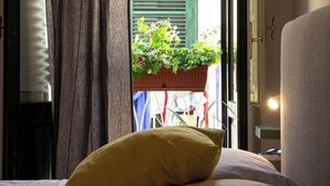 A bed with a yellow pillow and a white bedspread, a window with a view of a green shutter and a hanging planter with flowers, and a lamp on a bedside table.
