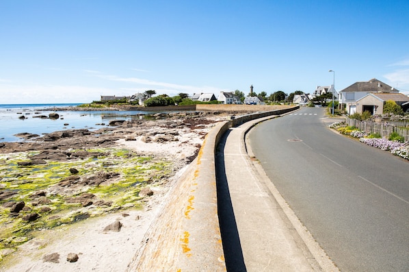 Una carretera costera con casas, un faro y un litoral rocoso.
