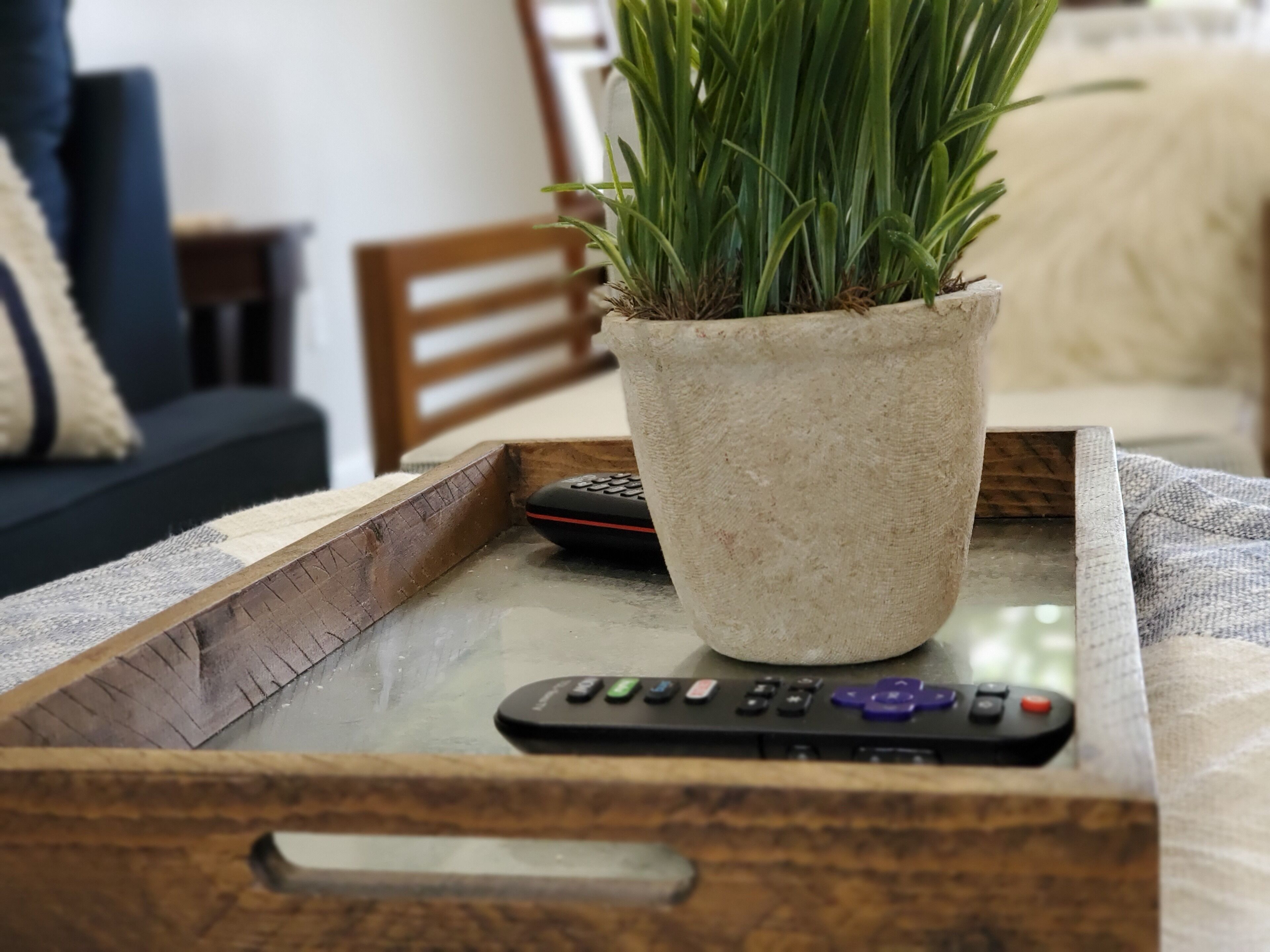 Ein Tablett mit einem Blumentopf und einer Fernbedienung auf einem Glastisch.