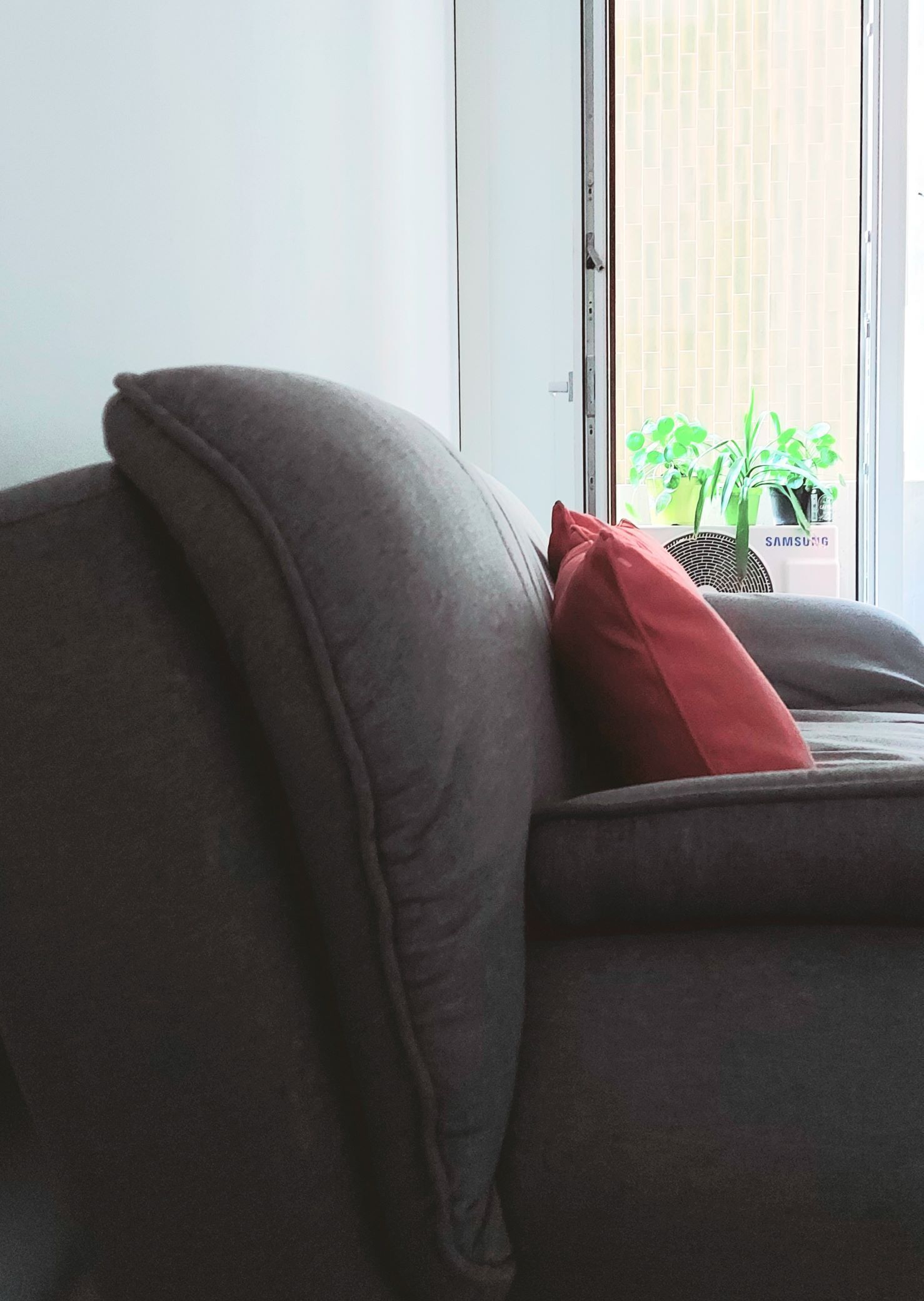 Un canapé gris avec un coussin rouge et un purificateur d’air Samsung, devant une fenêtre donnant sur des plantes vertes.