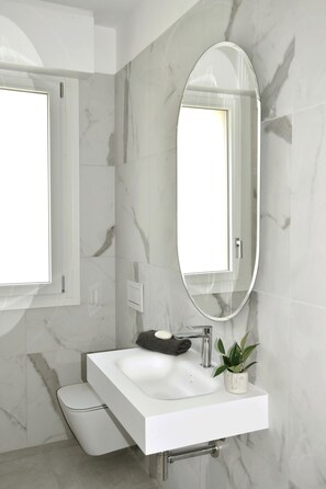 Shower, hair dryer, bidet, towels