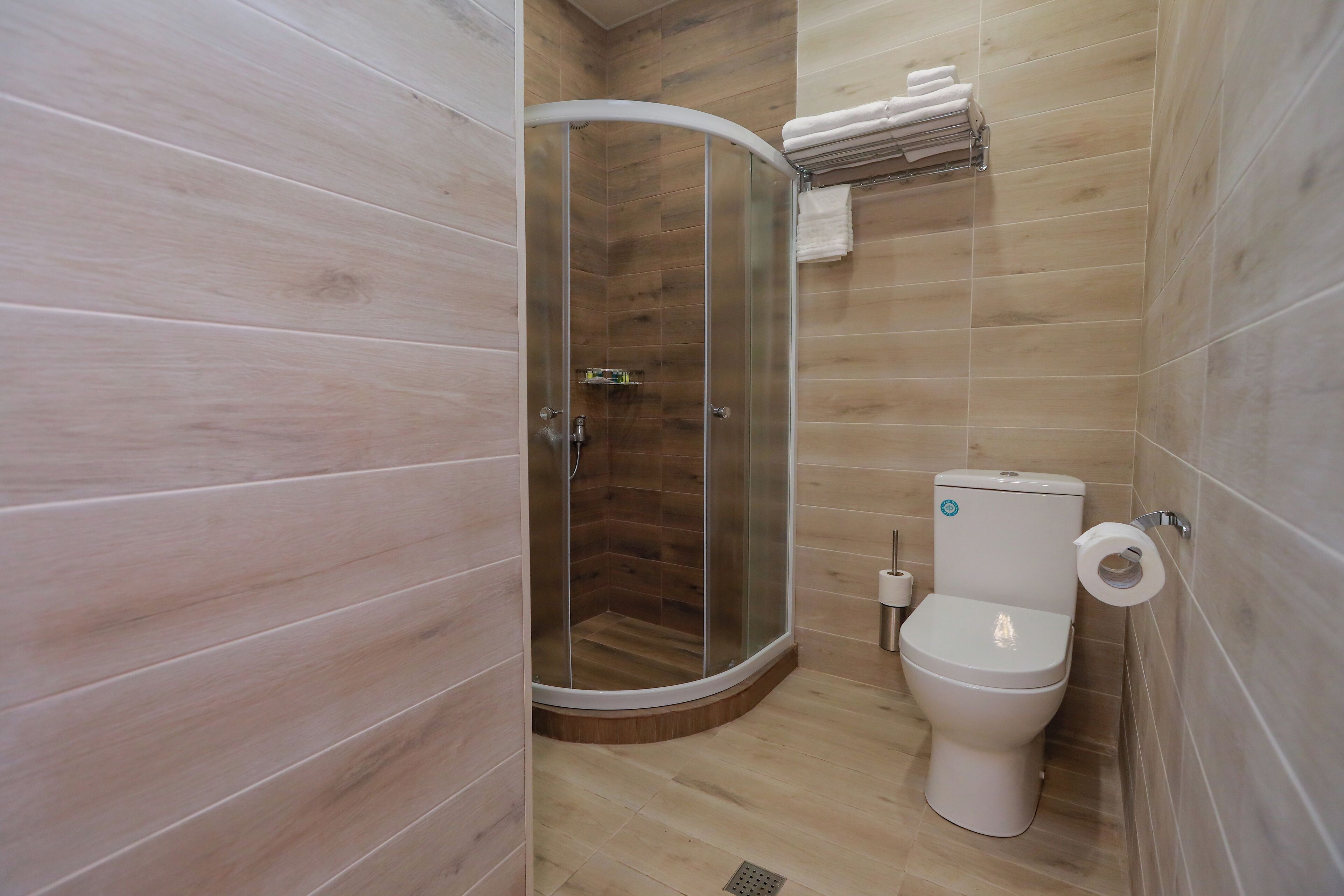 A bathroom with a glass-enclosed shower, a toilet, and a towel rack.