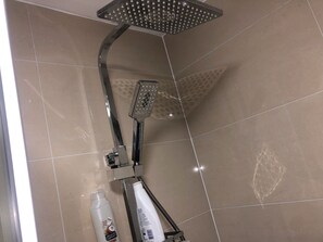 Regadera, secadora de cabello, bidet, toallas 