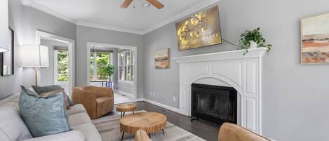 Smart TV, fireplace, foosball, books