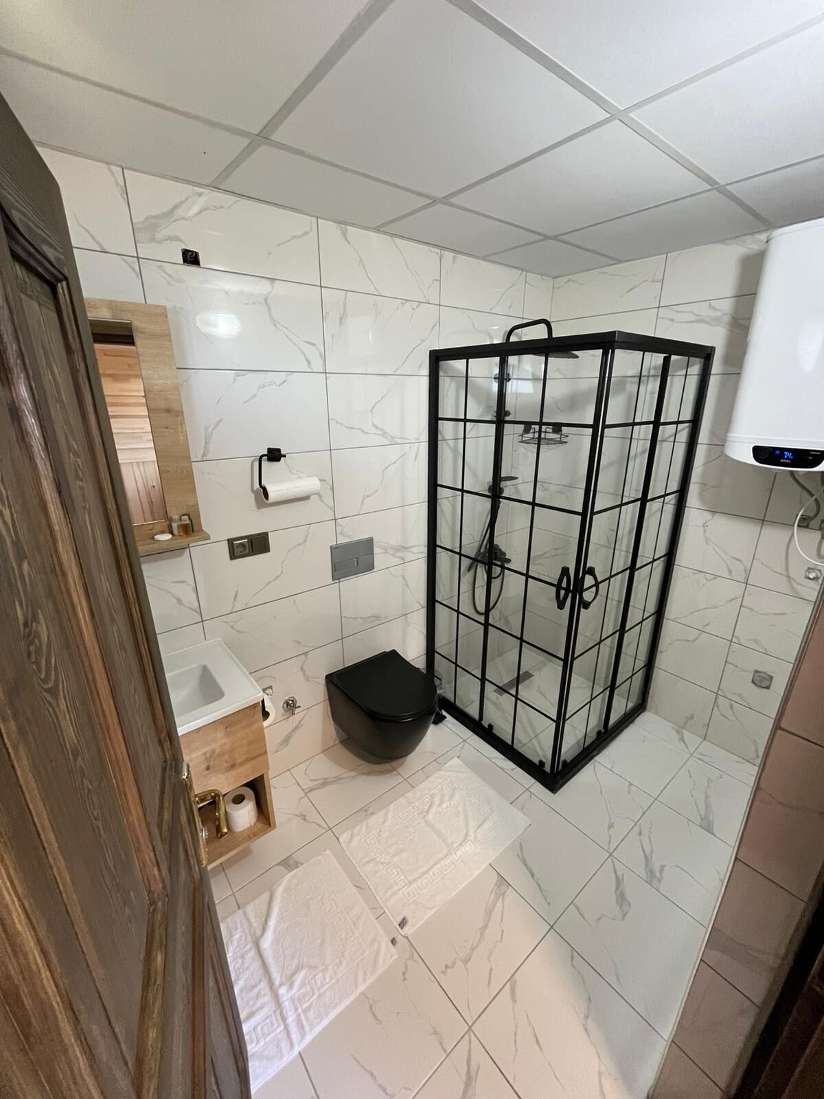 A bathroom with a shower enclosure, a toilet, a sink, and a mirror.