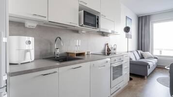 Exclusive Apartment, City View | Private kitchen | Full-sized fridge, microwave, oven, stovetop