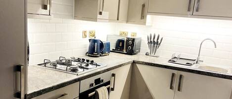 Apartment | Private kitchen | Fridge, microwave, oven, stovetop