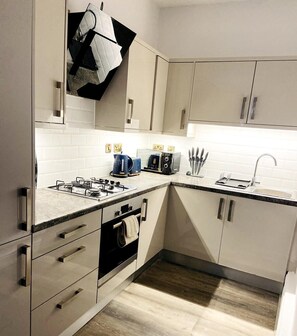 Apartamento | Cocina privada | Frigorífico, microondas, horno y placa de cocina