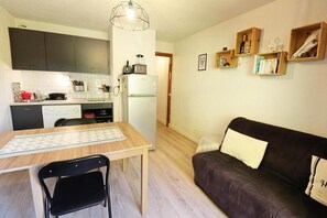 A compact living space with a kitchenette, a dining table with a chair, and a sofa.