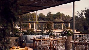 Un patio al aire libre con mobiliario de mimbre, una planta grande en maceta y vistas a árboles y un puente al fondo.