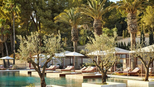 Un área de piscina con sillas de descanso y sombrillas, rodeada de palmeras y otra vegetación.