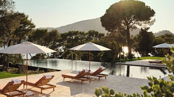 Seasonal outdoor pool, pool umbrellas, pool loungers