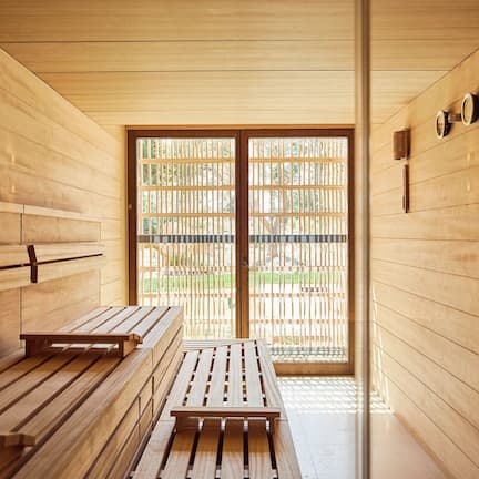 A sauna with wooden benches and a view of the outdoors through a large door.