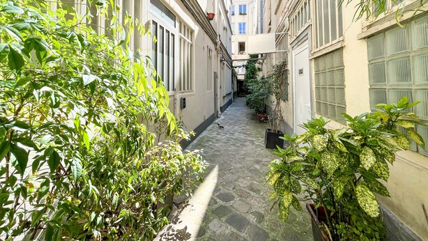A narrow alleyway with potted plants and buildings on either side. - Urban Flat 162 - Charming Studio in Montorgueil (París)