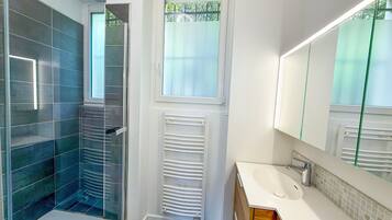 Shower, hair dryer, towels