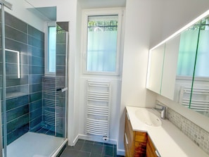 Shower, hair dryer, towels
