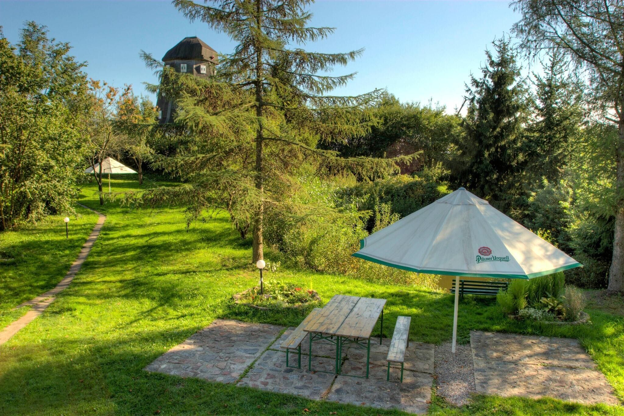 Um jardim com mesa de piquenique e guarda-sol, um caminho de pedra e um edifício ao fundo.
