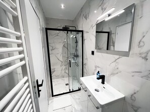 Shower, hair dryer, towels