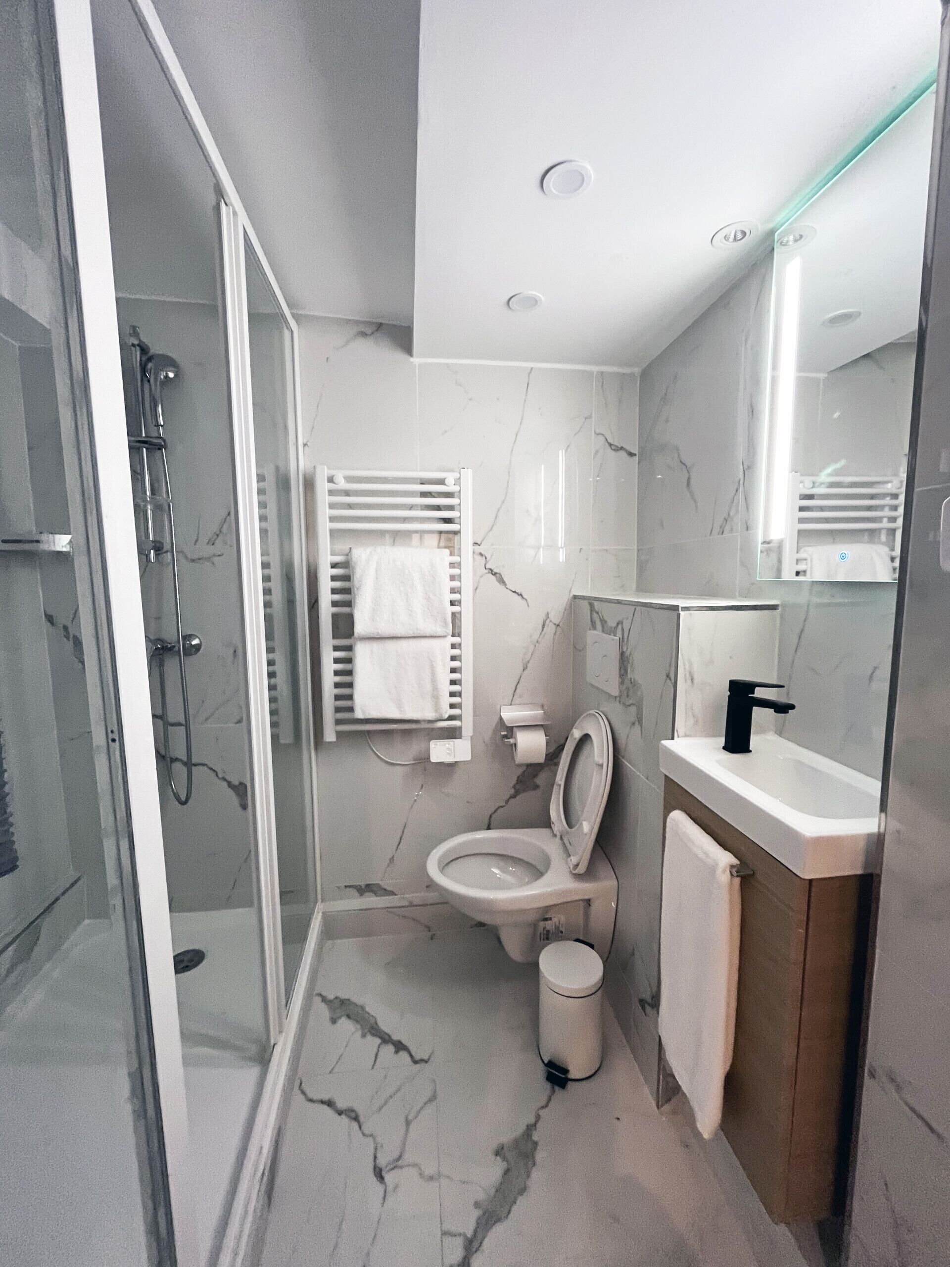 A modern bathroom with a glass-enclosed shower, a toilet, and a sink with a mirror above.