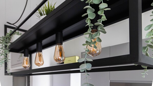 A modern interior with a black shelf holding three light bulbs and green plants. - Italianway - Lorenteggio 30 (Milan)