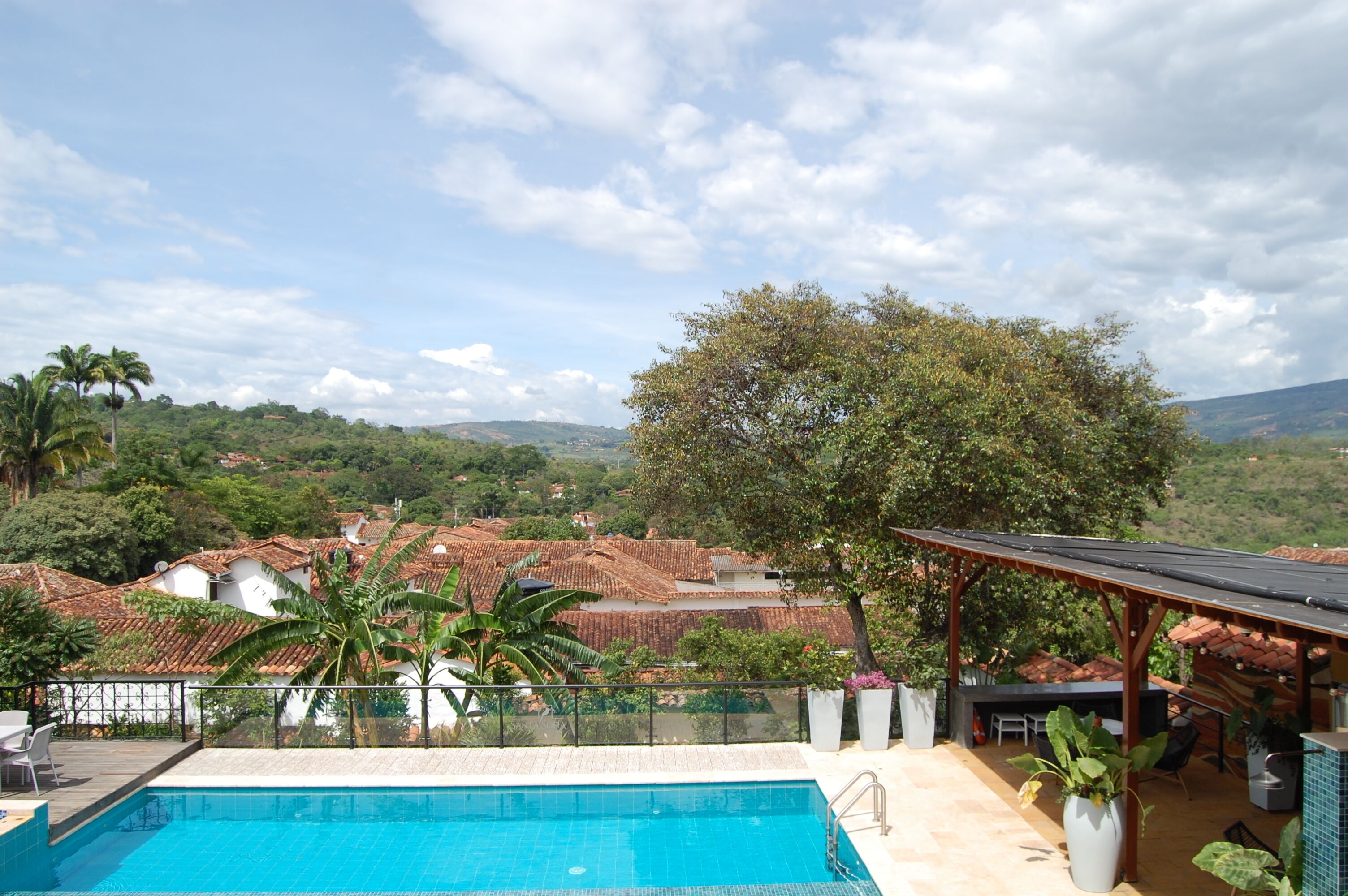 Piscina con vistas a casas escalonadas y un árbol grande.