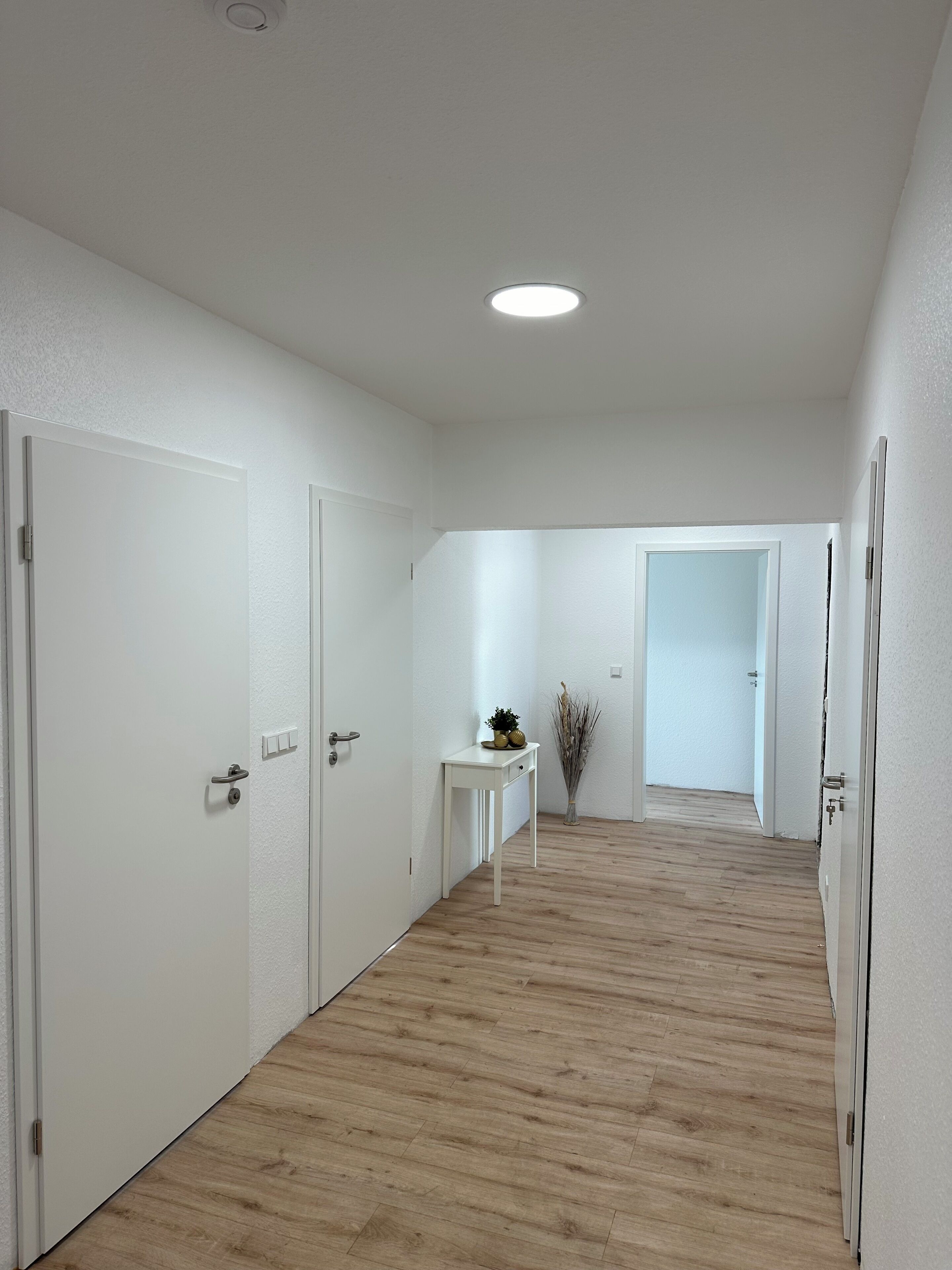Ein Flur mit weißen Wänden, Holzboden und einer weißen Tür links.