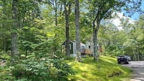 Un chalet isolé, entouré d’une forêt dense, accessible par un chemin étroit.