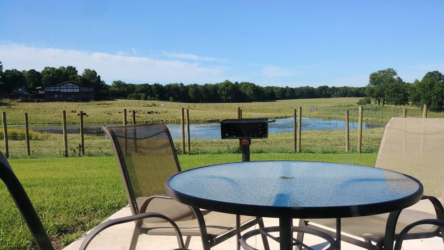 An outdoor patio with a round table and chairs, a grill, and a view of a lake and distant buildings.