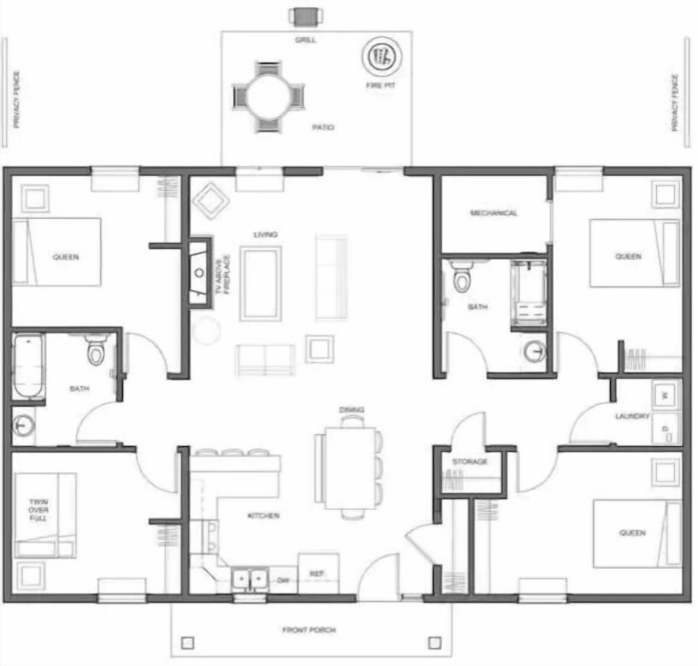 A hotel floor plan with a living room, kitchen, dining area, two bedrooms, a bathroom, and a garage.