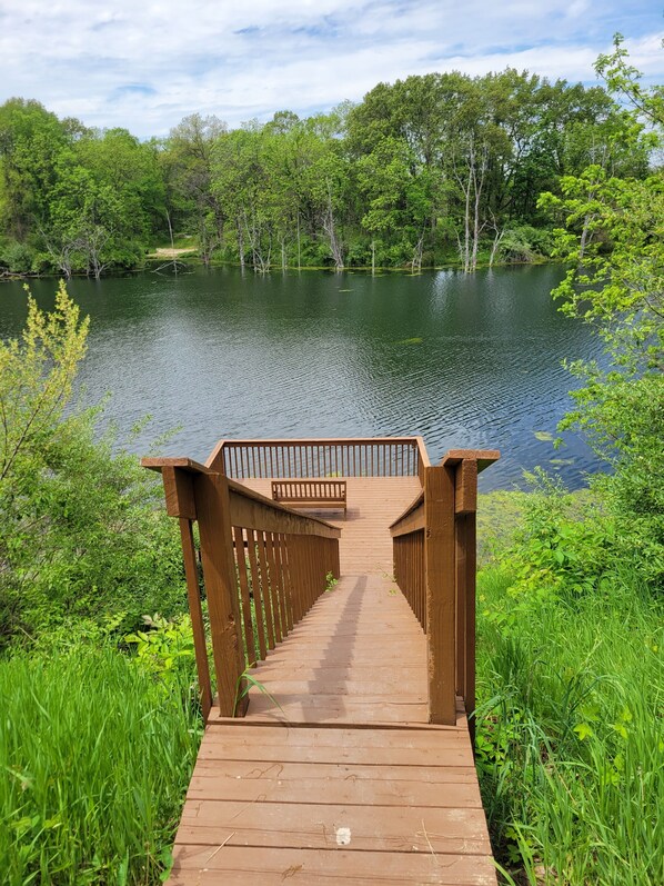 A wooden boardwalk leading to a bench overlooking a lake surrounded by greenery.